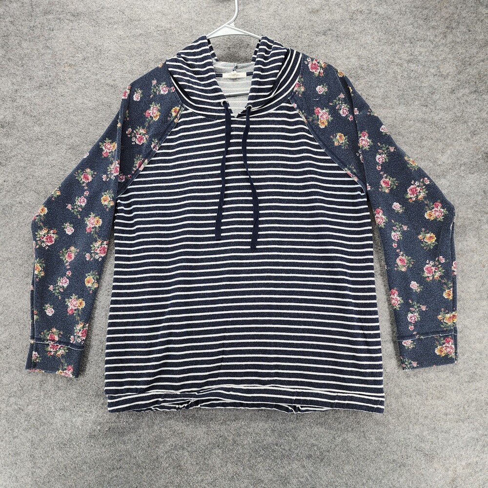 Maurices Shirt Womens Large Blue Striped Long Sleeve Hooded Floral